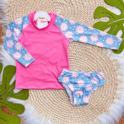 Linha Praia - Blusa com Proteção UV50+ e Calcinha - Flores Branca - Pink e Azul Claro